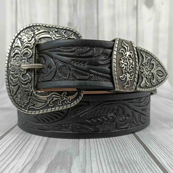 Hand Tooled Western Leather Belt – Western Cowboy Belt with 3 Piece Buckle Set - Picture 1 of 9